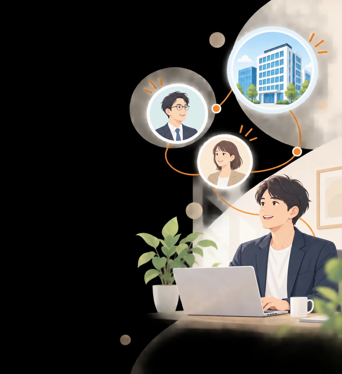 ノートPC前のビジネスパーソンと、知っている人（2名）・会いたい企業をオレンジの線でつなぐイラスト